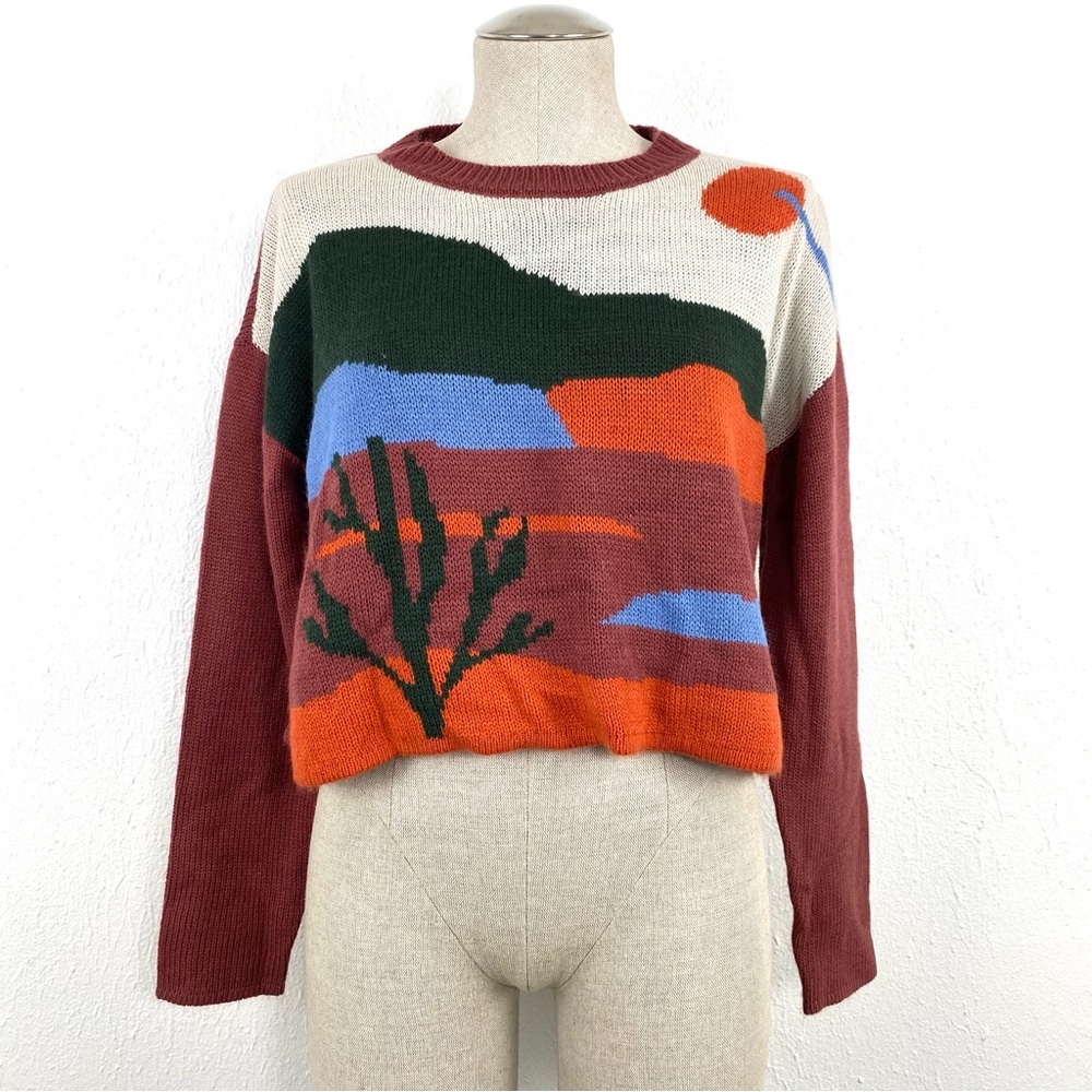 Madden NYC Acrylic Knit Cropped Sweater with Retro Desert Landscape Scene Size M